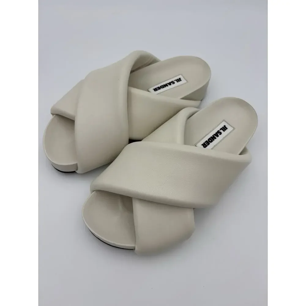 Jil Sander Padded Slides White Leather Size 38 / 8 Arch Support Puffy Pillow